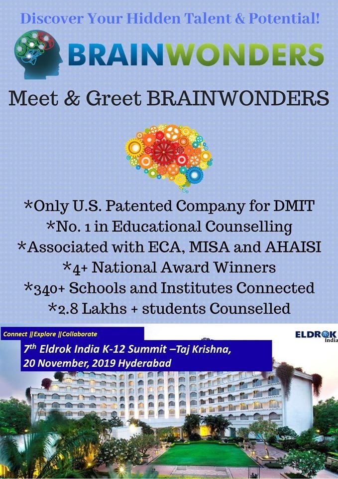 Meet & Greet Brainwonders, at Eldrok India K-12 Summit on 20 November 2019 || Taj Krishna, Hyderabad 
#EIKS2019 #tajkrishnahyderabad #EducationSummit
#K12 #hyderabad #schooleducation #conference2019
#Brainwonders