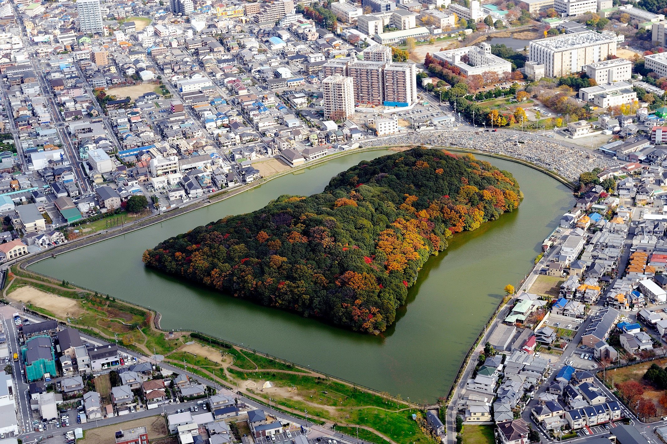 堺市広報課 クイズ O彡これは何古墳でしょう 百舌鳥古墳群の南東端にある前方後円墳 現在 濠は一重ですが 昭和51年の発掘調査で二重であることがわかりました 前方部が大きく広がった姿は古墳群で最も美しく 新しい巨大前方後円墳と言