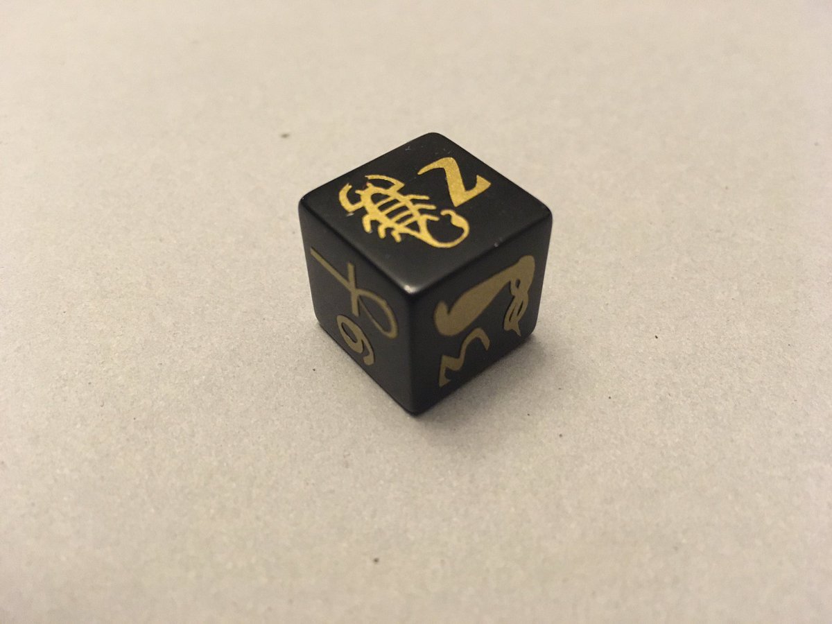 Since I finished my Data Arcana yesterday, putting together a  #dnd dice set for Inhapi, my grave domain cleric who follows the ancient Egyptian pantheon. Here’s the d6! Each symbol has a meaning that corresponds to one of the ability stats.