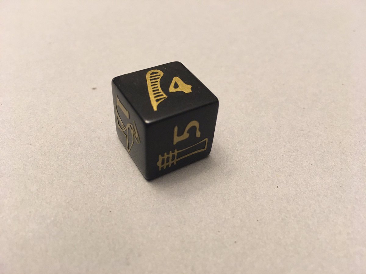 Since I finished my Data Arcana yesterday, putting together a  #dnd dice set for Inhapi, my grave domain cleric who follows the ancient Egyptian pantheon. Here’s the d6! Each symbol has a meaning that corresponds to one of the ability stats.