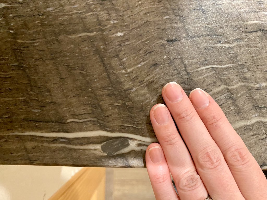 meagabun's tweet photo. Alright metamorphic petrology tweeps - tell me about this cool rock  my cousins’ bathroom counter is cut from, please! I don’t remember enough about interpreting these textures anymore! https://t.co/rr05YVxc4q
