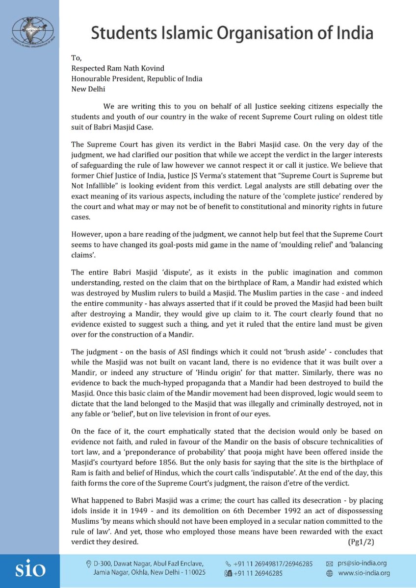 An Open letter to Honorable @rashtrapatibhvn from President @sioindia on #BabriMasjid Verdict.#AyodhaVerdict #AyodhyaJudgment