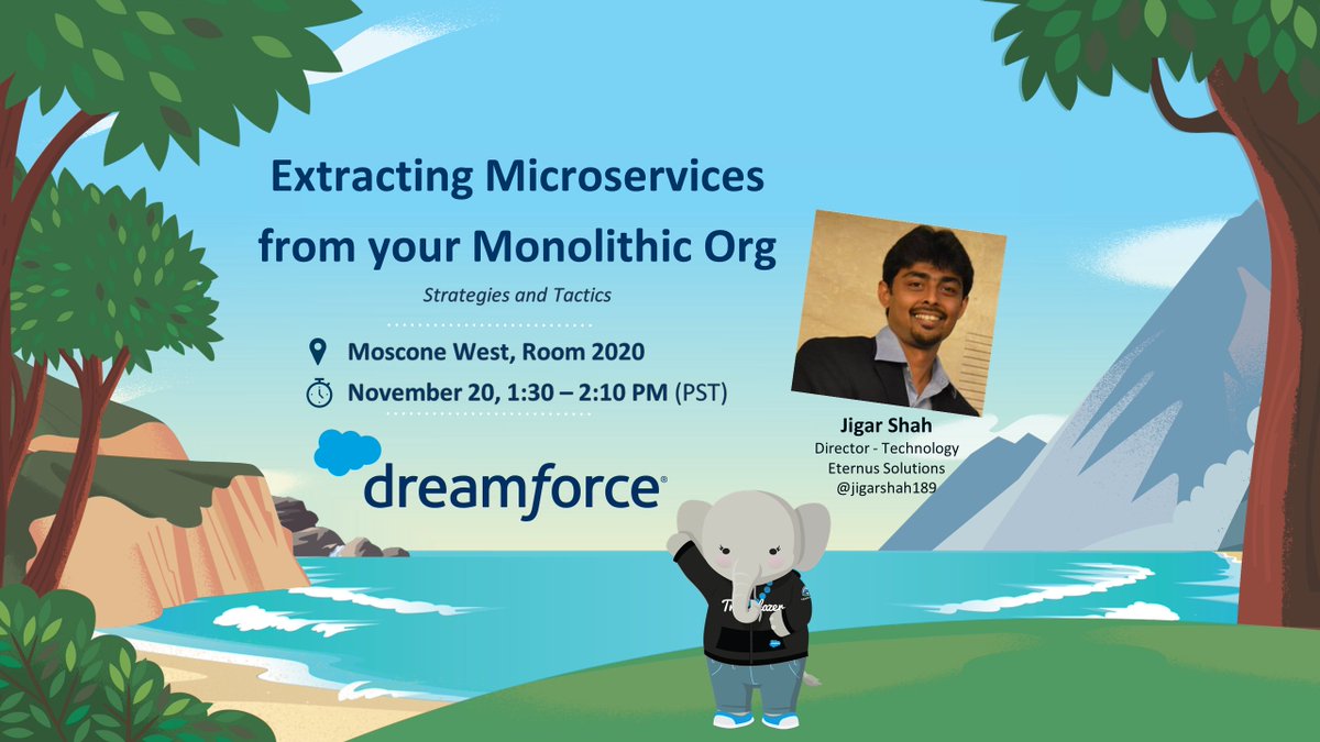 Jigar Shah (@jigarshah189) on Twitter photo #Dreamforce is round the corner & I am excited to be presenting this year!
Join me for an intriguing session on Strategies of moving to a Microservices architecture within #Salesforce at <a href="/Dreamforce/">Dreamforce</a> on Nov 20 at 1.30 PM PST at Moscone West
#DF19 #trailblazercommunity #Ohana #Dreamforce is round the corner & I am excited to be presenting this year!
Join me for an intriguing session on Strategies of moving to a Microservices architecture within #Salesforce at <a href="/Dreamforce/">Dreamforce</a> on Nov 20 at 1.30 PM PST at Moscone West
#DF19 #trailblazercommunity #Ohana