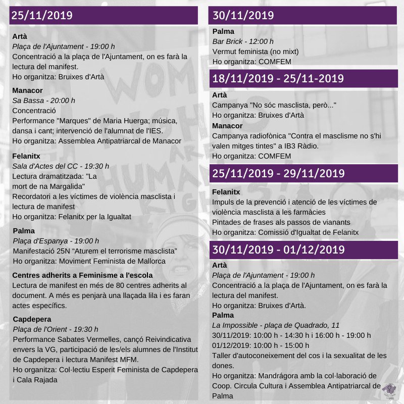 movfemmallorca's tweet photo. Ja vos podeu descarregar l'agenda feminista per a aquest #25N! Si encara la duis en paper, preparau bolígraf, perquè no serà per manca de possibilitats.
On ens trobarem?

#AgendaFeminista #CapAl25N #ÉsTerrorismeMasclista
#SeguiuEnSilenci https://t.co/XbUlrHIh6E