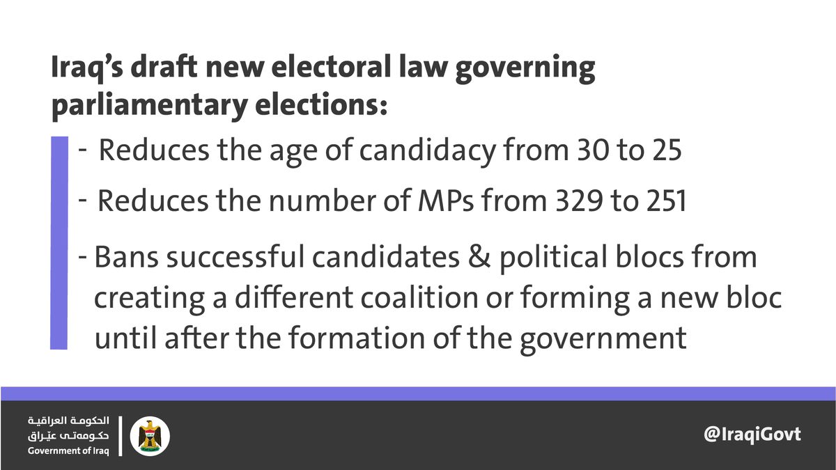 The <a href="/IraqiGovt/">Government of Iraq - الحكومة العراقية</a> submits to Parliament a draft new federal electoral law which seeks to strengthen electoral accountability, ensures that results more accurately reflects the wishes of voters, and encourages the participation of young people in the political process.