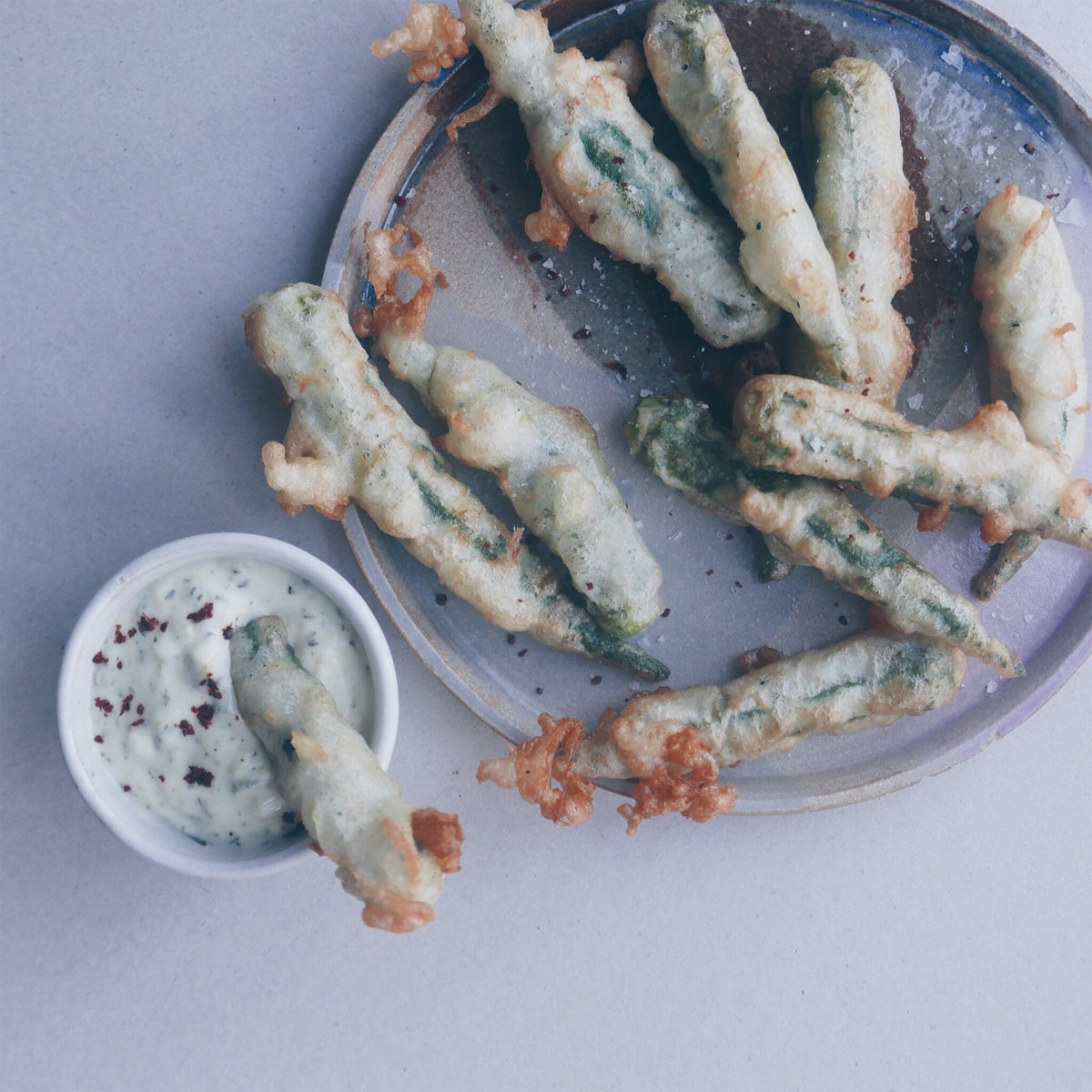 New Special /. Chilli pickled okra w/ burnt onion mayo (vv)