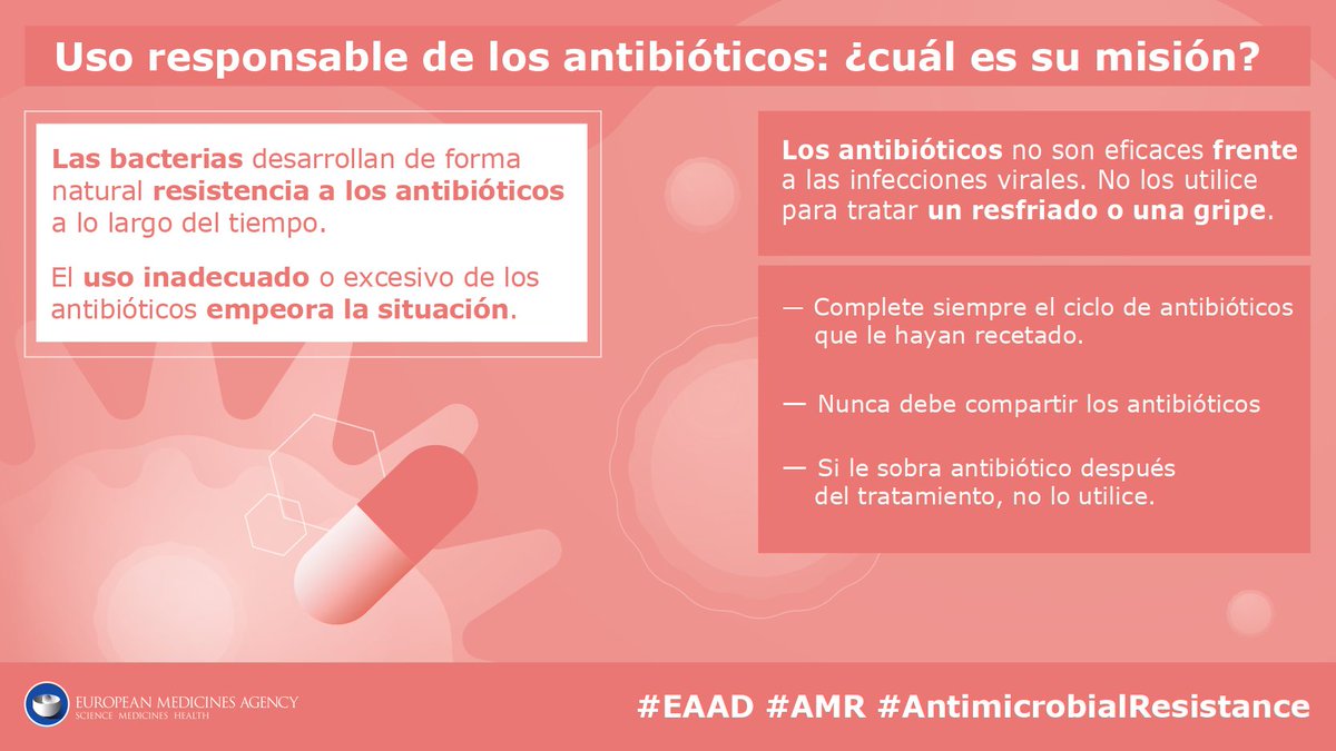 AEMPSGOB's tweet photo. 🔊@EMA_News nos recuerda que un uso inadecuado de los #antibióticos limita su eficacia y pone en riesgo nuestra salud. 💊

Tanto #pacientes, como profesionales #sanitarios podemos frenar la #ResistenciaAntibióticos. 

#EAAD #EAAD2019 #KeepAntibioticsWorking #AntibioticResistance https://t.co/2NXCK9mOvR