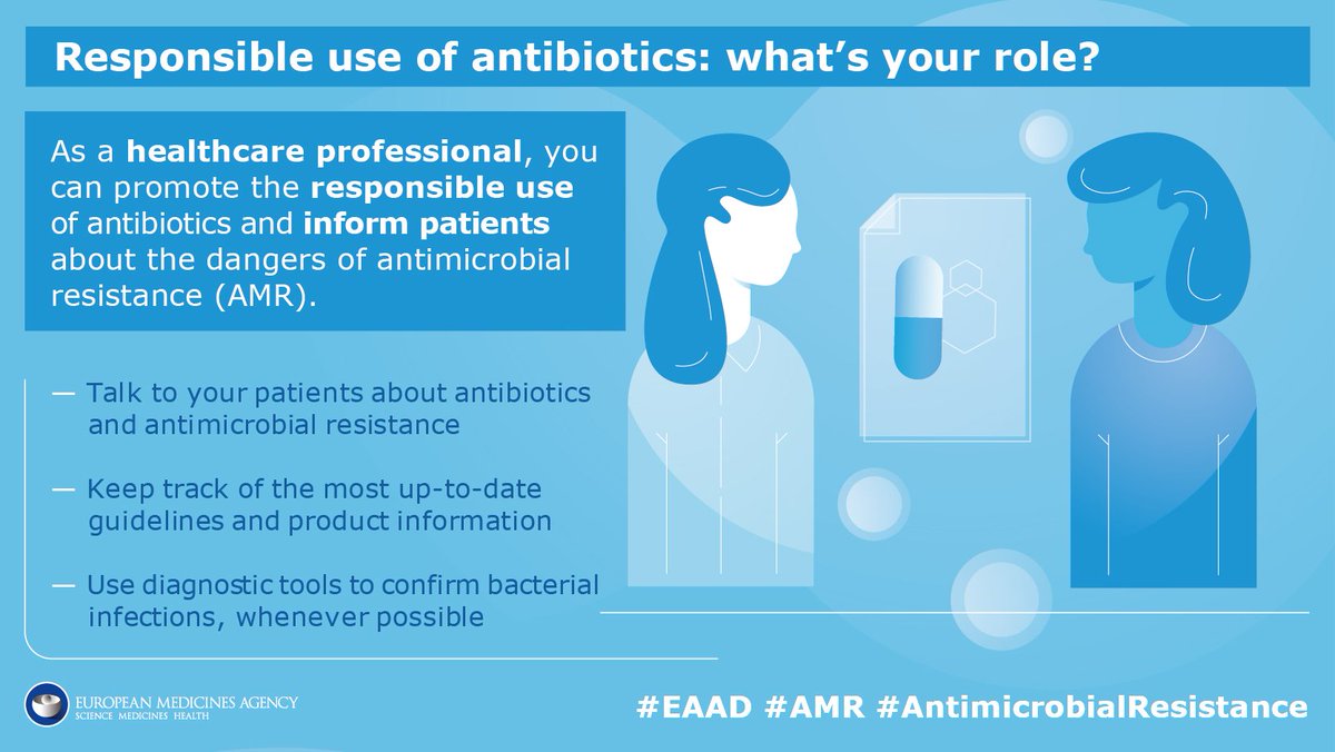 Uso responsable de los #antibióticos: ¿Cuál es su misión?
Los profesionales sanitarios han de fomentar el uso responsable de los antibióticos e informar a los #pacientes sobre los peligros de la resistencia a los antimicrobianos. @EMA_News #EuropeanAntibioticAwarenessDay