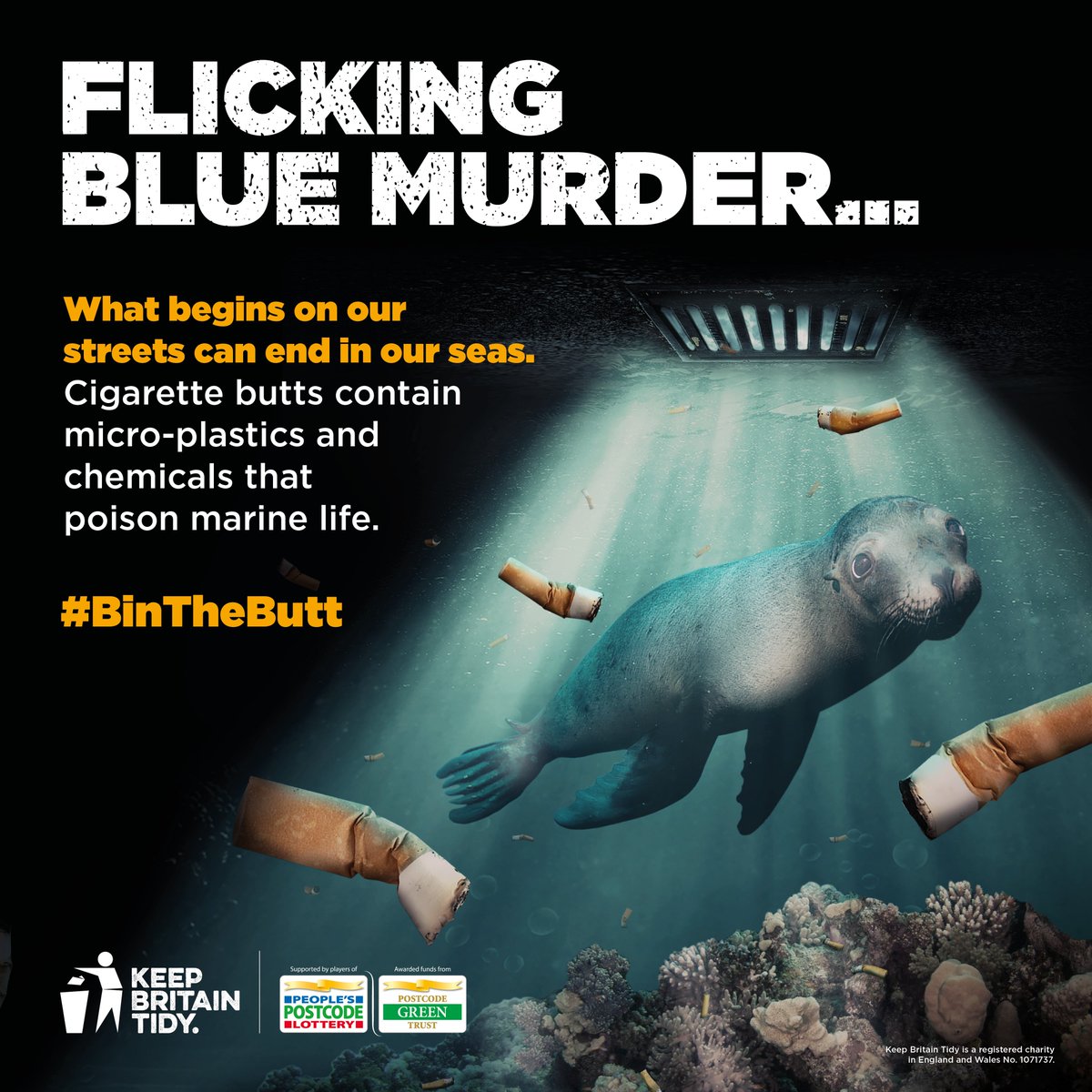 KeepBritainTidy's tweet photo. It's time to #BinTheButt, because tossing it on the ground is #FlickingBlueMurder 🚬🚯🌊  
​
Thank you to the players of @PostcodeLottery for making this campaign possible. https://t.co/rYzhGOXguM