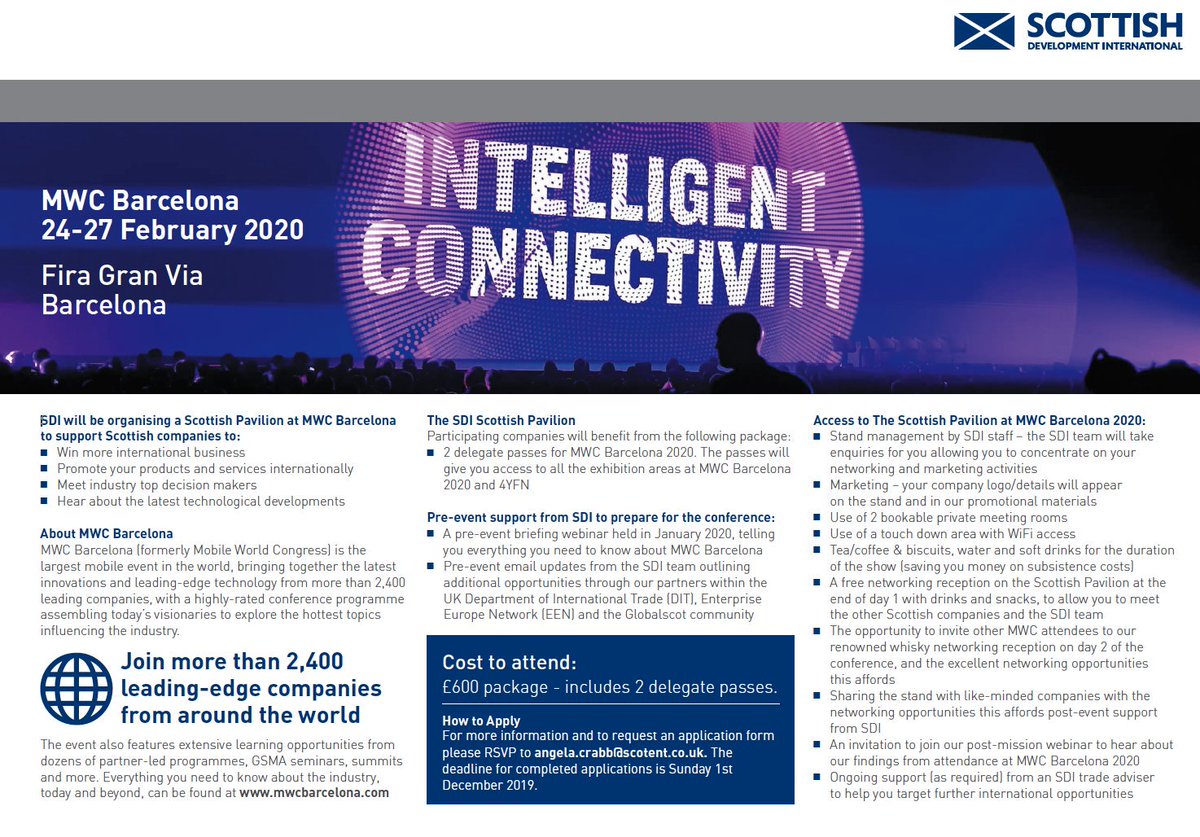 Scottish Tech Startups and SME’s involved in creating market focused digital services are invited to join the Scottish Pavilion at MWC Barcelona.  Get in contact with <a href="/ScotDevInt/">Scottish Development International</a> if you want to attend MWC Barcelona in Feb 2020. Follow link to attend > bit.ly/32U7V6A