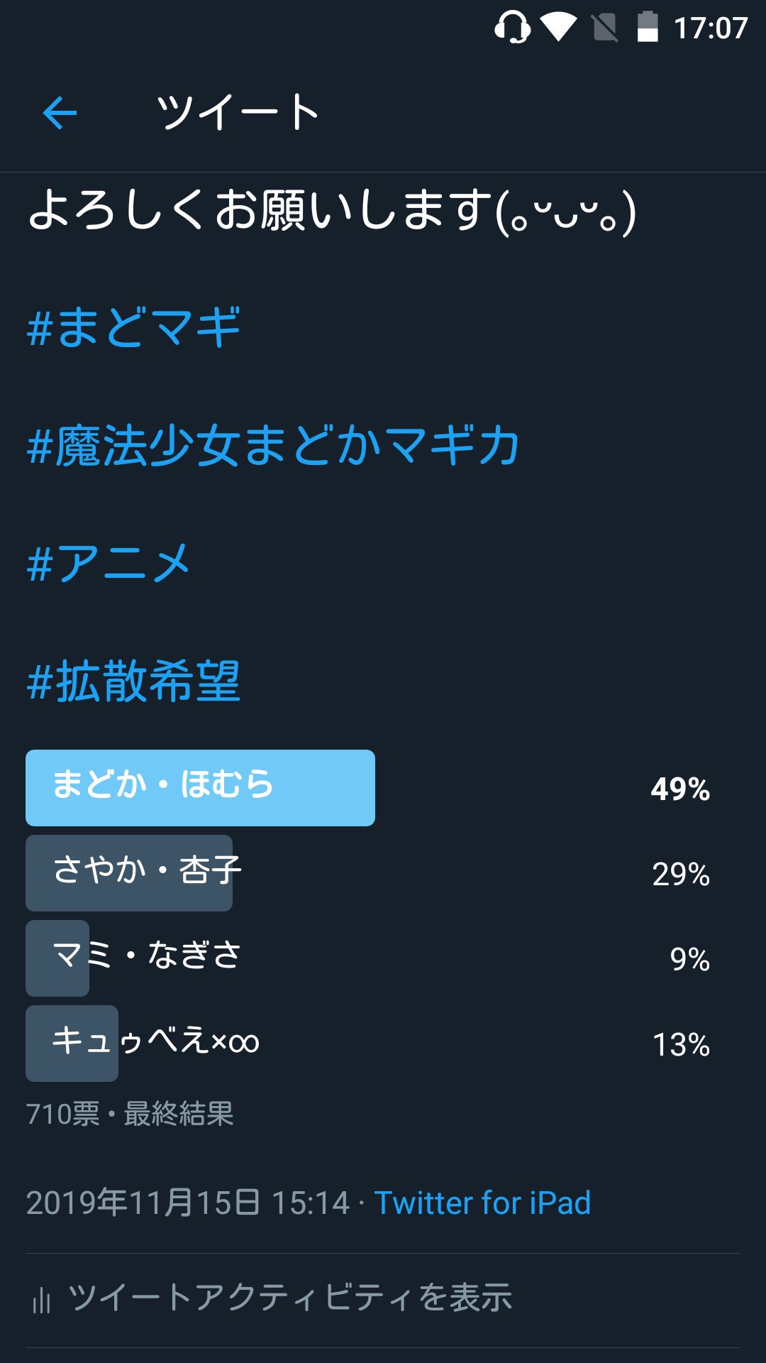 鹿目まどか もふまど 人気投票の結果です 1位 まどほむ 49 2位 さや杏 29 3位 キュゥべえ 13 4位マミなぎ 9 ありがとうございました ˊ ˋ まどマギ 魔法少女まどかマギカ まどほむ さや杏 キュゥべえ マミなぎ T Co Rypjoncmj7