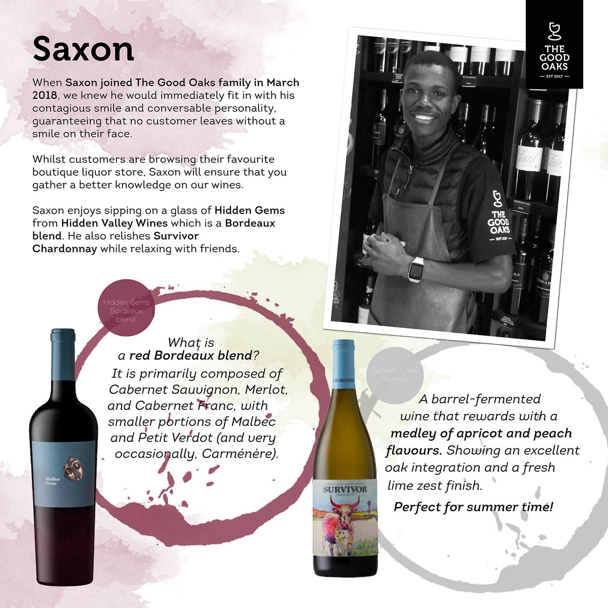 Meet the Oaks that make it Good,and see what their recommendations are.🍷🍷

Introducing Saxon... #thegoodoaks #meettheteam #finewine #wine #winetime #wineoclock #pretoriaeast