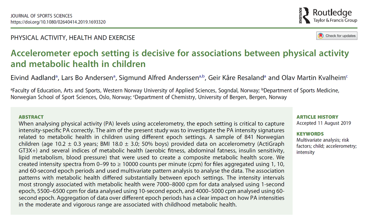 Please see our new paper, where we use multivariate pattern analysis to investigate the PA signature of childhood metabolic health including the whole spectrum of PA intensities using three different epoch settings. 

Want to read the paper? See link for 50 free online copies: