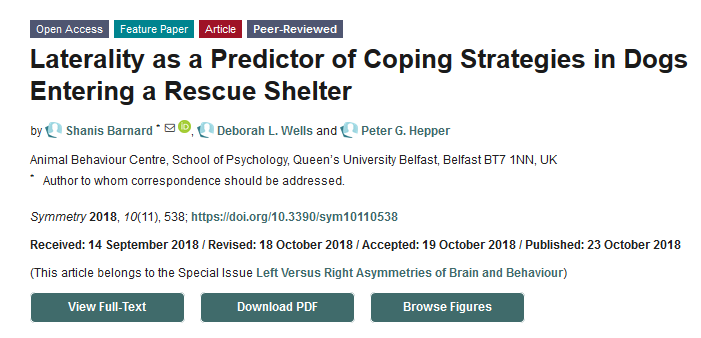 Symmetry_MDPI's tweet image. #mdpisymmetry Feature Paper "Laterality as a Predictor of Coping Strategies in Dogs Entering a Rescue Shelter" by Shanis Barnard @ShanisBarnard, Deborah L. Wells and Peter G. Hepper in Vol. 10 issue 11, for details see mdpi.com/2073-8994/10/1…
#laterality
#dog