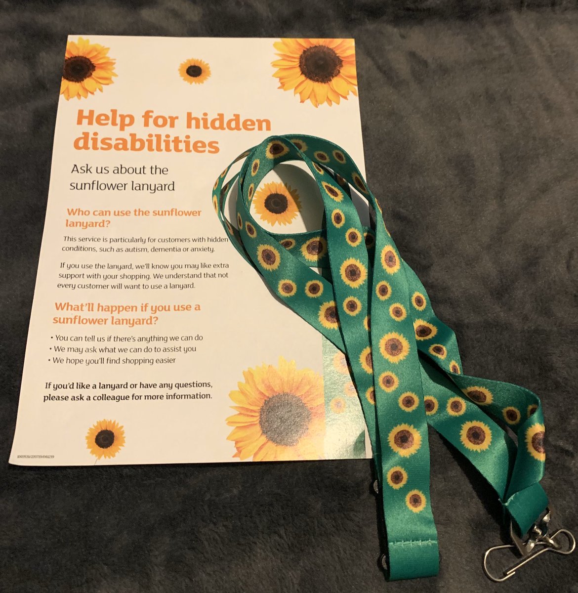 BartsAbility's tweet photo. I was out shopping in @ArgosHelpers with my son who is Type 1 Diabetic and has a toilet card. He asked a member of staff to use the toilet and he was given the Sunflower Lanyard #HiddenDisabilities #MakingADifference #SunflowerLanyard https://t.co/1eOGBmRg1I