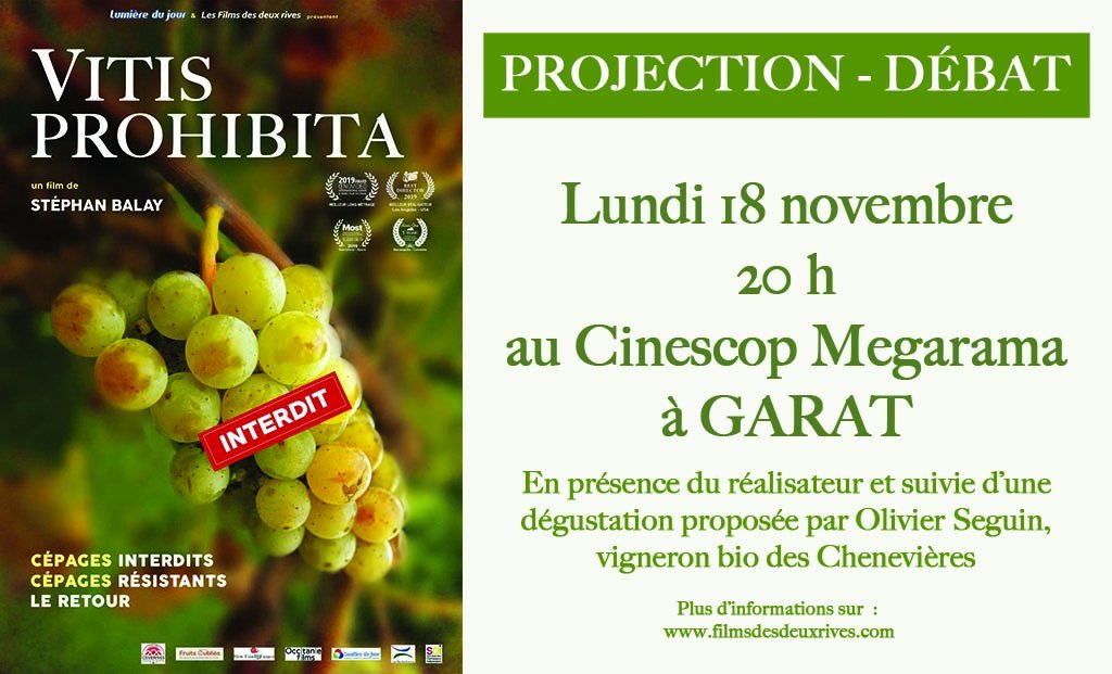#VitisProhibita à #Garat
En présence du réalisateur ! 
A l'issue de la projection une dégustation et vente de vin et produits de la ferme sera proposée par Olivier Seguin, vigneron bio des Chenevières !
En partenariat avec Réseau Citoyens en #Charente