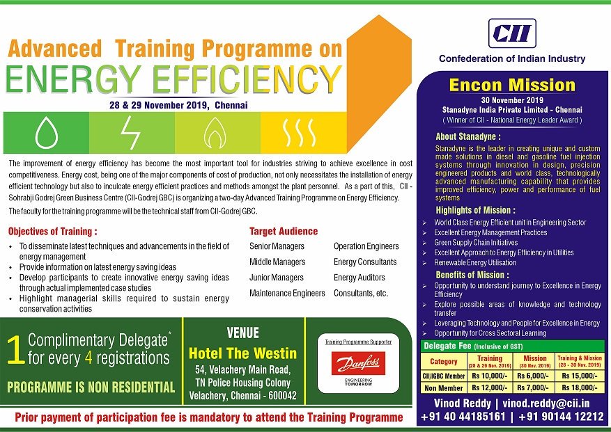 <a href="/CII_GBC/">CII-Godrej GBC</a> is oragnising “Advance #Training Programme on #EnergyEfficiency” on 28 November &amp; 29 November, 2019 at Chennai. #Encon #Mission on 30 November 2019 Hurry few seats left register now! @ bit.ly/2NvIVN9