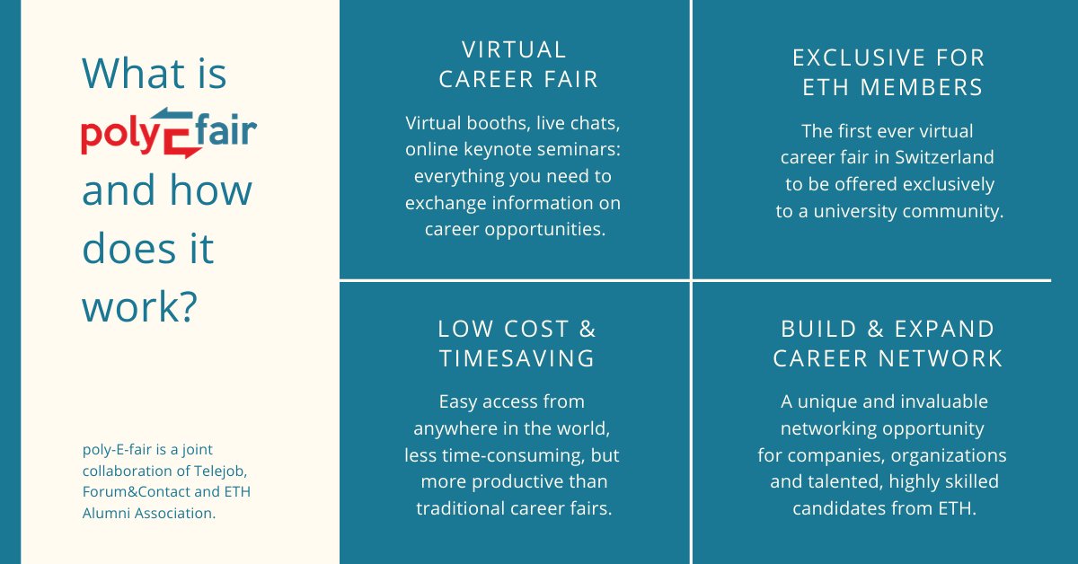 polyefair's tweet photo. #VirtualCareerFair is the trend and we have you covered!
#Industry, #Recruiters and #JobSeekers: let's connected at #polyEfair: the exclusive virtual career fair of #ETH Zurich!
Learn more: https://t.co/F0Gia52ByW
#YoungProfessionals #SwissTalent #Karriere #Digitalisierung https://t.co/dTmdc7hMX5