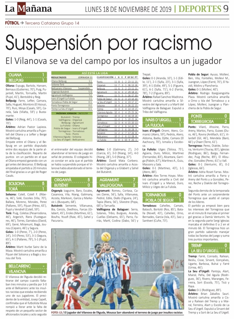 UEVvaAguda's tweet photo. Molt lamentable que encara passin aquestes coses als camps de futbol. Una part aficionats locals van increpar amb insults racistes a un dels nostres jugadors,el nostre entrenador va decidir abandonar el partit en senyal de protesta. Tot el suport Musa! Tolerancia 0 amb el racisme https://t.co/qbrnIUWGsu
