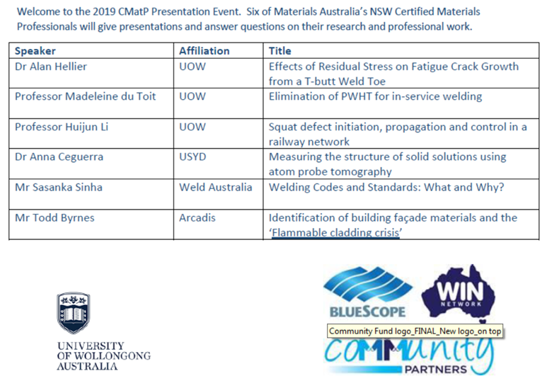 MaterialsAus's tweet photo. You are invited to @MaterialsAus  NSW Branch CMatP Presentations at University of Wollongong
Date:               Wednesday, 20 November 2019
Time:               2:00 pm – 5:00 pm
Address:          6.210 Building 6, room 210
Hosted by @MadeleineToit Dr Alan Hellier &amp; @huijun10 https://t.co/wRBBmq9eBV