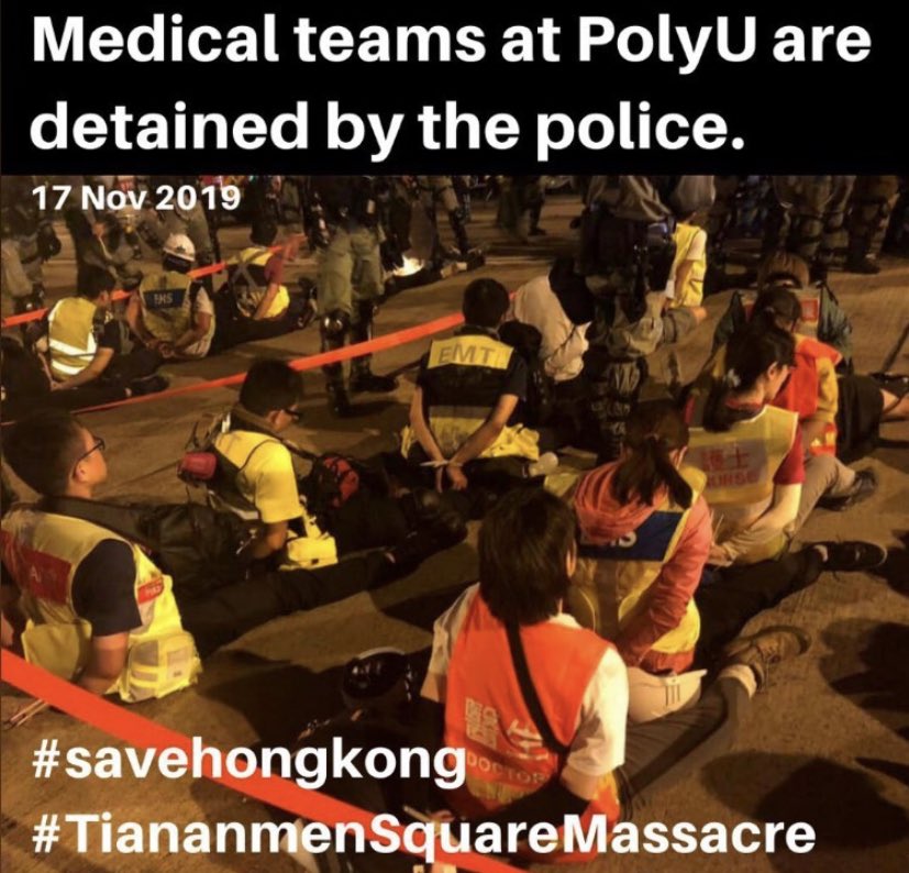 HongKon42583281's tweet photo. Medical teams at Poly U are detained by the POLICE.                                            Hong Kong Is Now facing A Serious Problem,  PLEASE HELP AND SAFE OUR HOME——HONG KONG        #SOSPolyU #StandWithPolyU #PleaseHelpHongKong https://t.co/p5xBrxPXi0