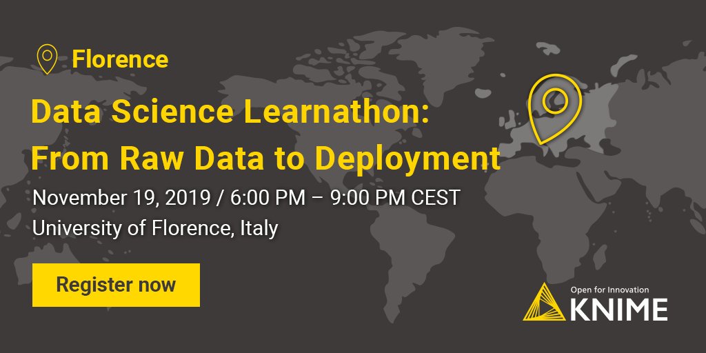 knime's tweet photo. We are hosting a #learnathon in #Florence, Italy on November 19, 2019. Participate to learn more about the data science cycle and to get hands-on experience of #KNIME Analytics Platform. Register for free: https://t.co/o1lcc2kyhb
#datascience #ML #opensource #florenceevents https://t.co/hymmQLAit2