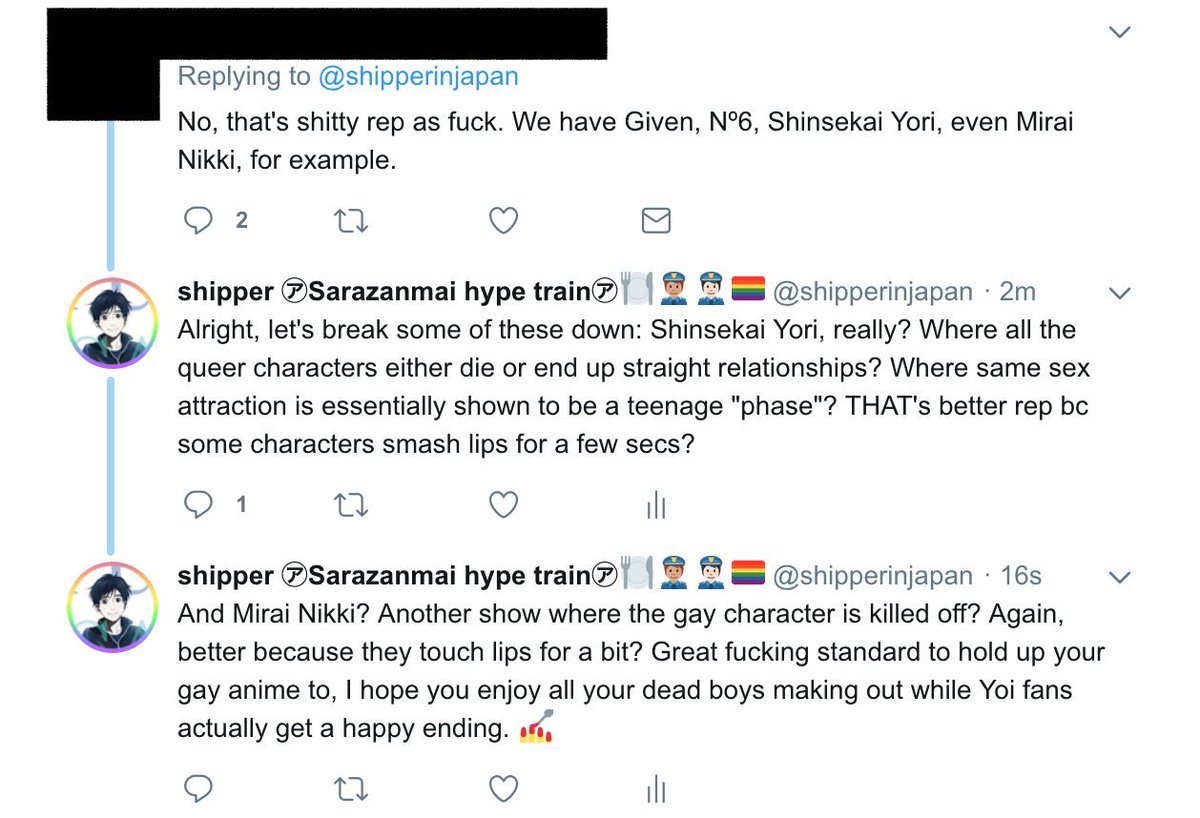 shipperinjapan's tweet photo. (Spoilers for Shinsekai Yori and Mirai Nikki)

I went off a little...

If you think the metric of good rep is whether or not we can see lips touching - and you ignore the rest of the story - then I got a feeling that "good rep" is not your main concern at all. https://t.co/8FUUEcrDZn