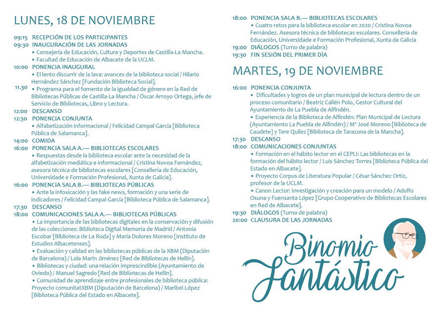 CCBiblio's tweet photo. @bibliotecasab En el programa que desarrolla hoy y mañana, encontramos a ponentes como Hilario Hernández de @biblio_social, @scararroyo1 de @culturaenclm, @fcampal de @casaconchas, @novoa5 de @bescolaresgal o Beatriz Callén de @ayto_alfinden, entre otros... #BinomioFantástico https://t.co/rQePwKvRgc