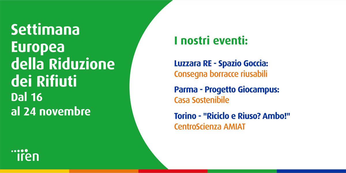 Tanti appuntamenti targati #Iren anche in questa edizione  #SERR19! 🌎Bastano piccoli gesti quotidiani per produrre #menorifiuti. Partecipa ai nostri eventi in favore della #sostenibilità! #EWWR19 #ReduceYourWaste