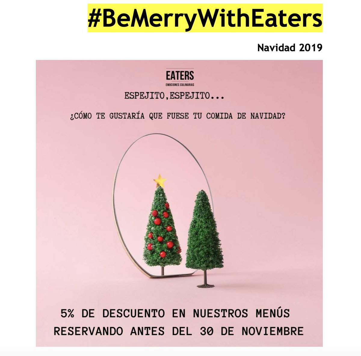 ¡Reserva tu comida o cena de Navidad con Eaters antes del 30 de noviembre y disfruta de un 5% de descuento en todos nuestros menús! 🎄
Consulta nuestros menús aquí➡ bit.ly/35gM4rh
#catering #navidad #creatividad #comunicación 
#marketing #gastronomica #cenasdeempresa