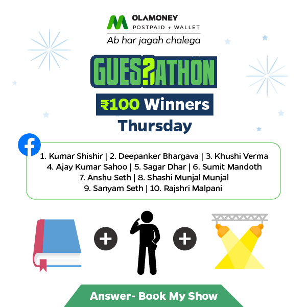 olamoney_in's tweet photo. We are back with #Guessathon Winner Announcements⏰🥳Thursday's Clue Post #6 winners! Congrats ! You just WON Rs. 100 cash back! 

Don't miss the latest flicks and events, book tickets on @bookmyshow using OlaMoney Postpaid to get exclusive cash back of up to Rs. 200! 😀 https://t.co/6pnTVSSBZv