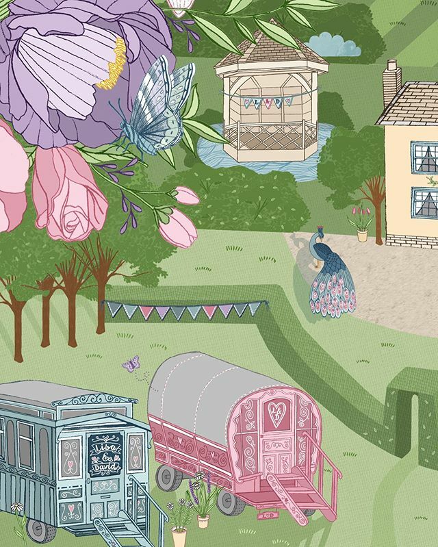 lindseyspinks's tweet photo. A close up crop of my illustration of South Farm complete with the summerhouse, a proud peacock and a couple of their unique caravans 💕Their website states the venue as “the perfect setting for a quintessential English Country Wedding,” and it just l… https://t.co/Jg5BCY7ggi https://t.co/XmRbJckd7x