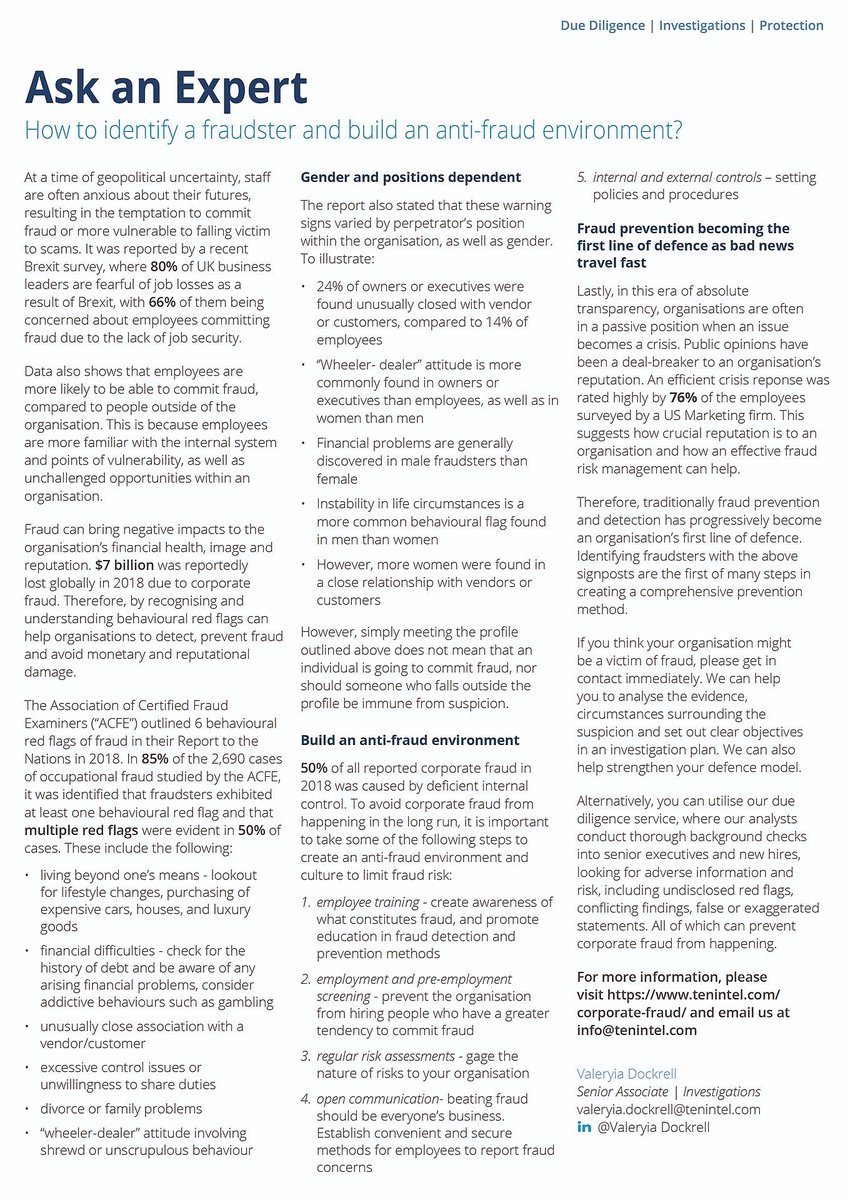 _richardbell's tweet photo. @TenIntelligence is an official supporter of #internationalfraudawarenessweek In our latest #TenInsight, my colleague @ValDockrell summarises the 6 behavioural red flags of a #fraudster and ways to create an #anti-fraud environment. #fraudfighters #fraud #askanexpert https://t.co/OMsCdcgssZ