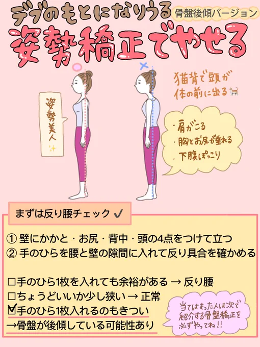 最近スマホ見すぎで #猫背 になっちゃってる女子多いけどその姿勢モテない代表だよ大丈夫?❓いっかい鏡見てみ?
#骨盤後傾 って見た目悪いしBBA体型なるからまじで今すぐ #姿勢矯正 すべき??

「猫背やべぇな」歴○年の友達にやらせたら2週間で真っすぐなって下腹引っ込んだしこれは効く…?????? 