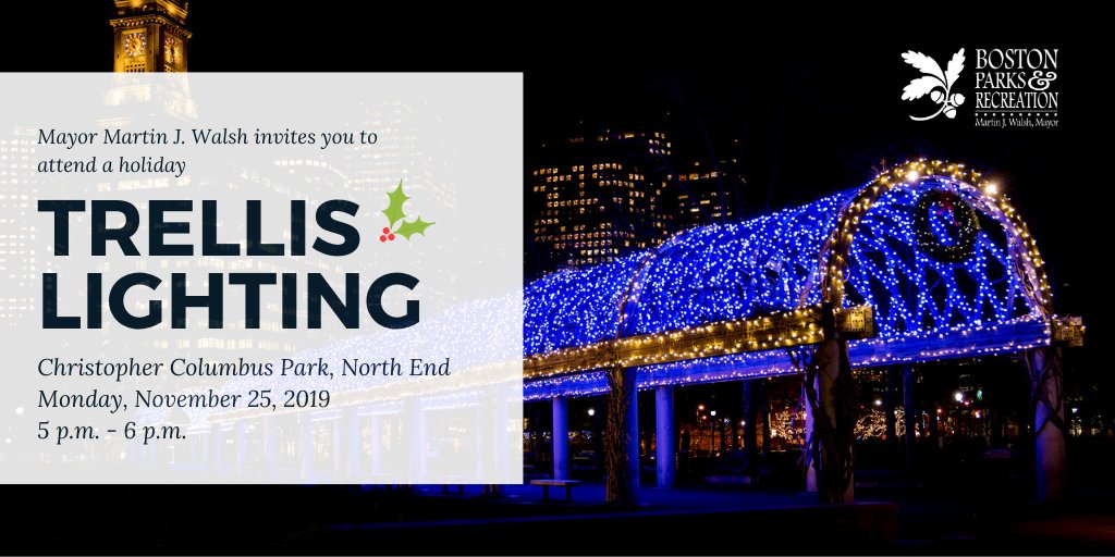 BostonParksDept's tweet photo. We are just 1 week away from our #TrellisLighting in Christopher Columbus park!
Make sure to bundle up and join us for festive treats, giveaways, and performances from local artists. I think 🎅 may even join us!
For more info visit: https://t.co/6T01VHa7cg https://t.co/PEHt4NM6m7