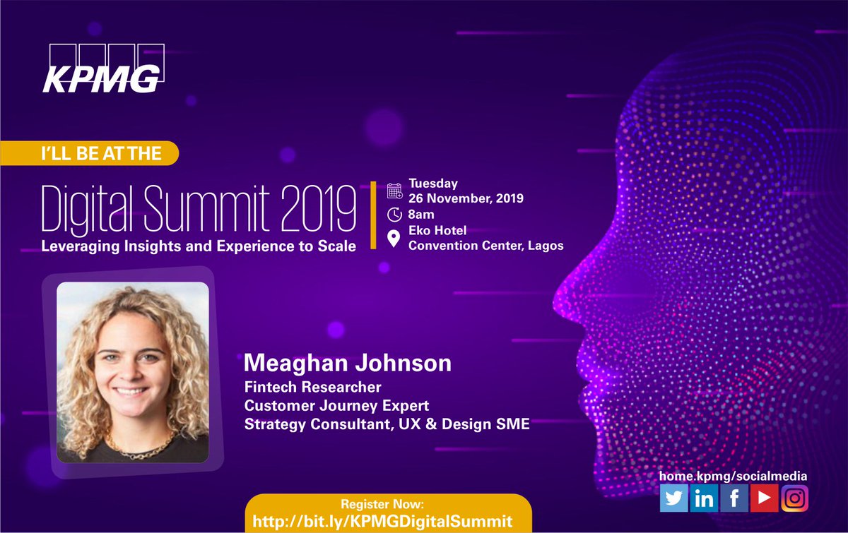 Renowned Researcher and Thought Leader on User Experience Transformation, Meaghan Johnson will join us at #KPMGDigitalSummit2019. She will be discussing Customer Experience Transformation that triggers growth. Register at  bit.ly/KPMGDigitalSum… See you there!

#KPMG #KPMGNG