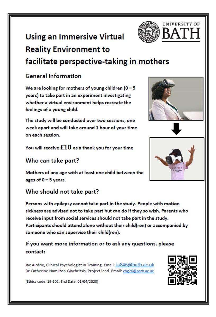 Jac - University of Bath Research (@jacbath) on Twitter photo We are looking for mothers of children between the ages of 0-5 years to take part in a new study exploring whether a Virtual Reality Environment can recreate the experience of being a young child. Get in touch if you'd like to take part or find out more <a href="/UniofBathStaff/">Uni of Bath Staff</a> @BathPGA We are looking for mothers of children between the ages of 0-5 years to take part in a new study exploring whether a Virtual Reality Environment can recreate the experience of being a young child. Get in touch if you'd like to take part or find out more <a href="/UniofBathStaff/">Uni of Bath Staff</a> @BathPGA