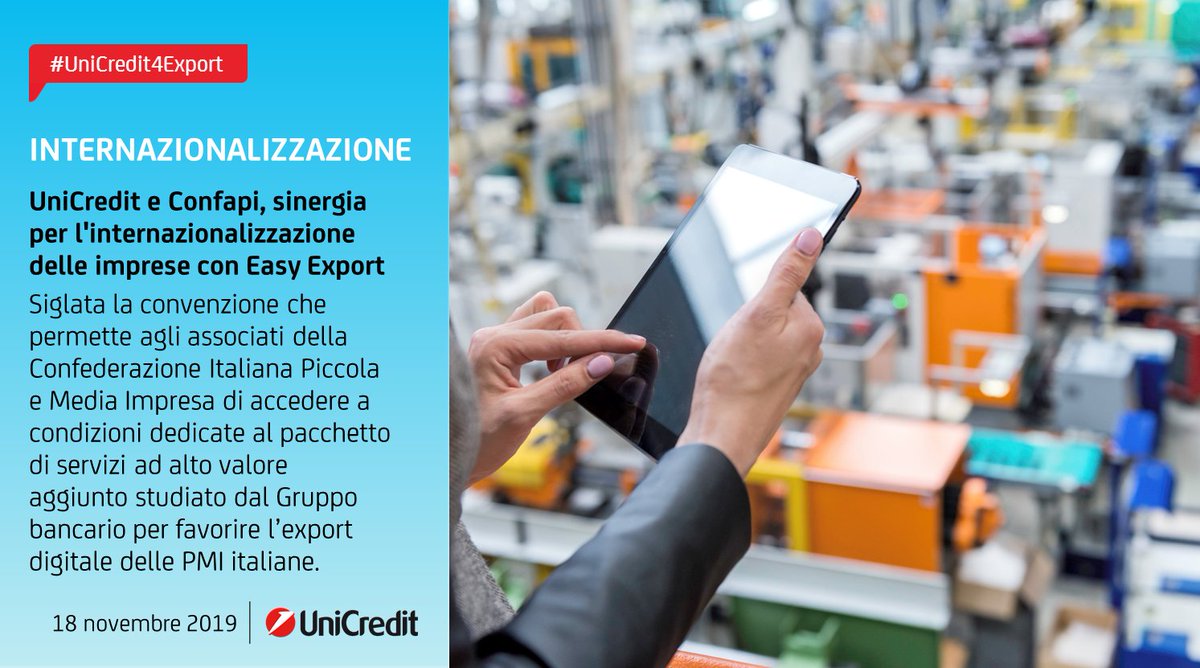 UniCreditEurope's tweet photo. #UniCredit4Export: #UniCredit rafforza la sua offerta per sostenere l’export delle #PMI italiane e ha firmato oggi un accordo con Confapi finalizzato a estendere alle imprese associate i benefici di #EasyExport. 🇮🇹📈🌎
🗞️ https://t.co/jbNqldfwKB https://t.co/XGTSoKFmhF