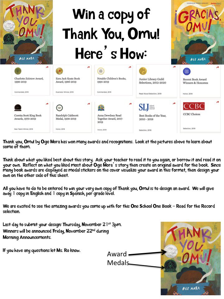 Happy Monday #CannadayES Families ! You could win your very own copy of Thank you, Omu by @ogemora ! Create an original award for our #ReadForTheRecord selection for 2019 & you’ll be automatically entered in our giveaway! Details below:
