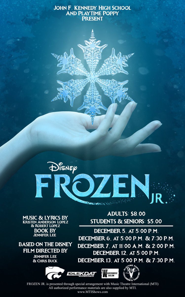 Tickets for Frozen Jr are open! Experience Frozen LIVE on the Kennedy stage! The show is only a little over an hour long and perfect for the whole family.❄️
Tickets are $8 for adults, $5 for children and students. Buy your tickets now at kennedyhs.tix.com