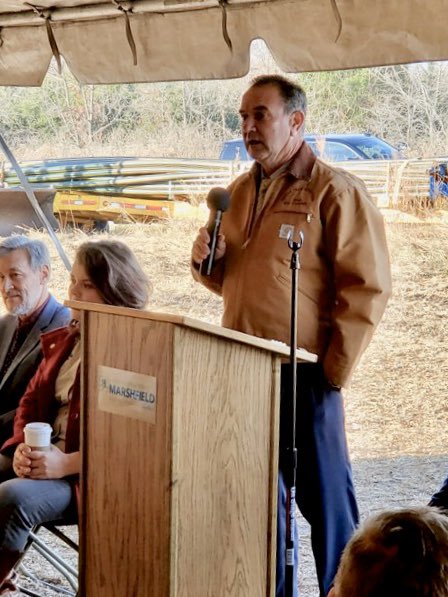 Great morning at the groundbreaking for the Marshfield East overpass on I-44. MHTC Chairman, Mike Pace, calls this project “The Marshfield Model”. Webster County citizens, the city &amp; elected officials are partnering with <a href="/MoDOT/">MoDOT</a> to help move #MissouriForward by improving safety.