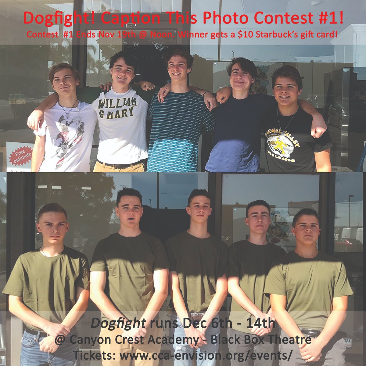CCATheatre's tweet photo. Dogfight! Caption This Photo Contest #1! Post your caption below. Winner will be chosen from posts on Facebook, Instagram, & Twitter. Contest ends at Noon tomorrow Nov 19th! Let's go: caption this photo! @CCARaven #dogfight #dogfightmusical #buzzcuts https://t.co/i8DgJ5yFFI