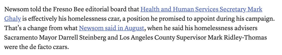 My favorite  @GavinNewsom housing saga is the ever-shifting Homelessness Czar. Still like my idea that they vote off a homelessness task force member at the end of each meeting and the one left becomes the czar  https://www.sacbee.com/news/politics-government/capitol-alert/article237379829.html