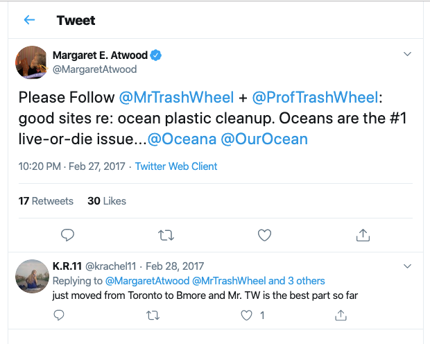 Happy birthday to Margaret Atwood, an awesome ocean advocate and trash wheel fan! You are an inspiration to us all! 