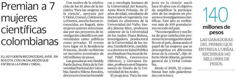 #LaNota | Premian a 7 mujeres científicas colombianas
<a href="/ELTIEMPO/">EL TIEMPO</a> <a href="/lorealcolombia/">L'Oréal Colombia</a> <a href="/ICETEX/">ICETEX</a> <a href="/UNESCO/">UNESCO 🏛️ #Education #Sciences #Culture 🇺🇳</a>