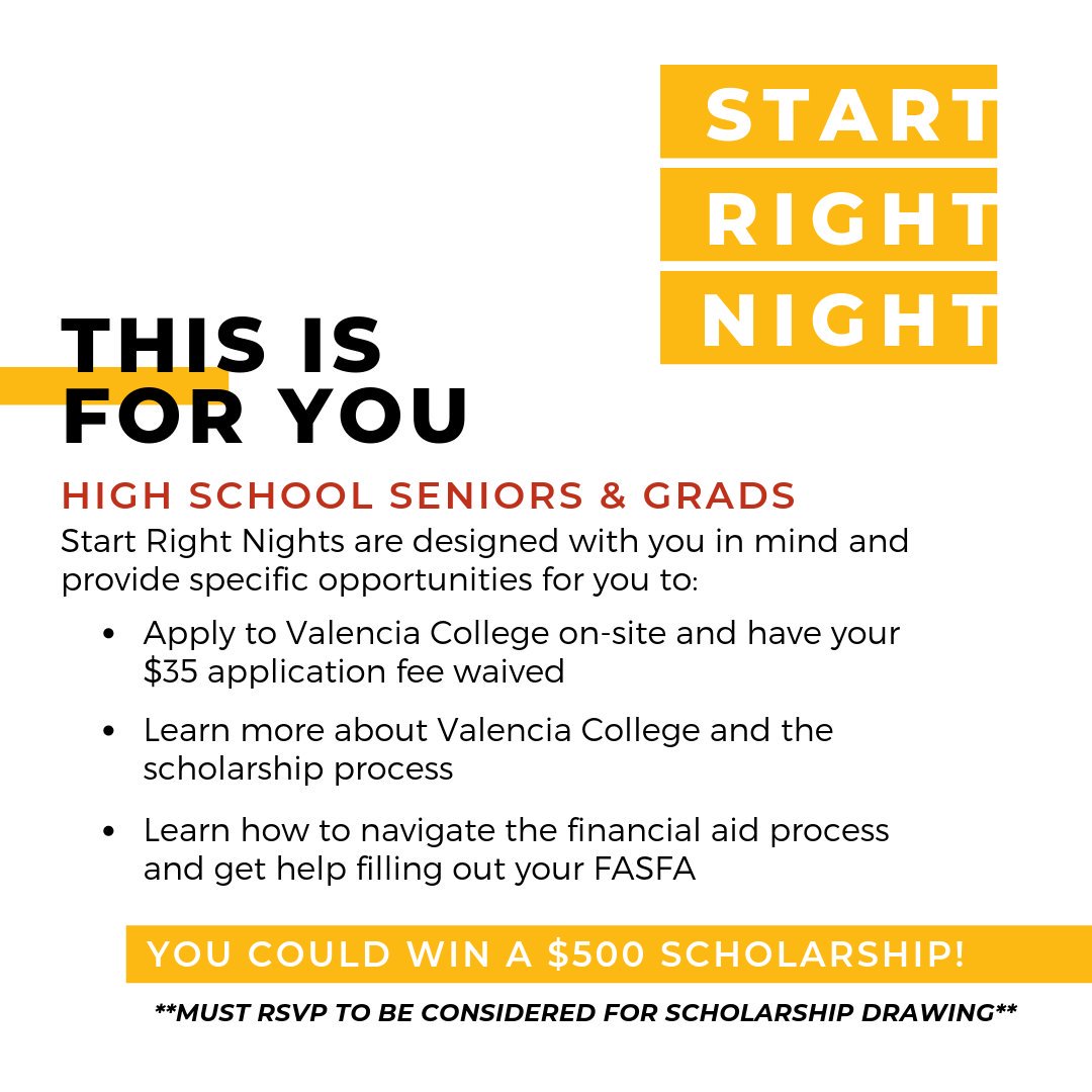 West Campus is SOLD OUT so you only have ONE more opportunity to attend a Start Right Night. If you RSVP you can even have a chance at winning a $500 scholarship! Join us on the Poinciana Campus this Thursday from 6pm - 8pm valenciacollege.edu/rsvp