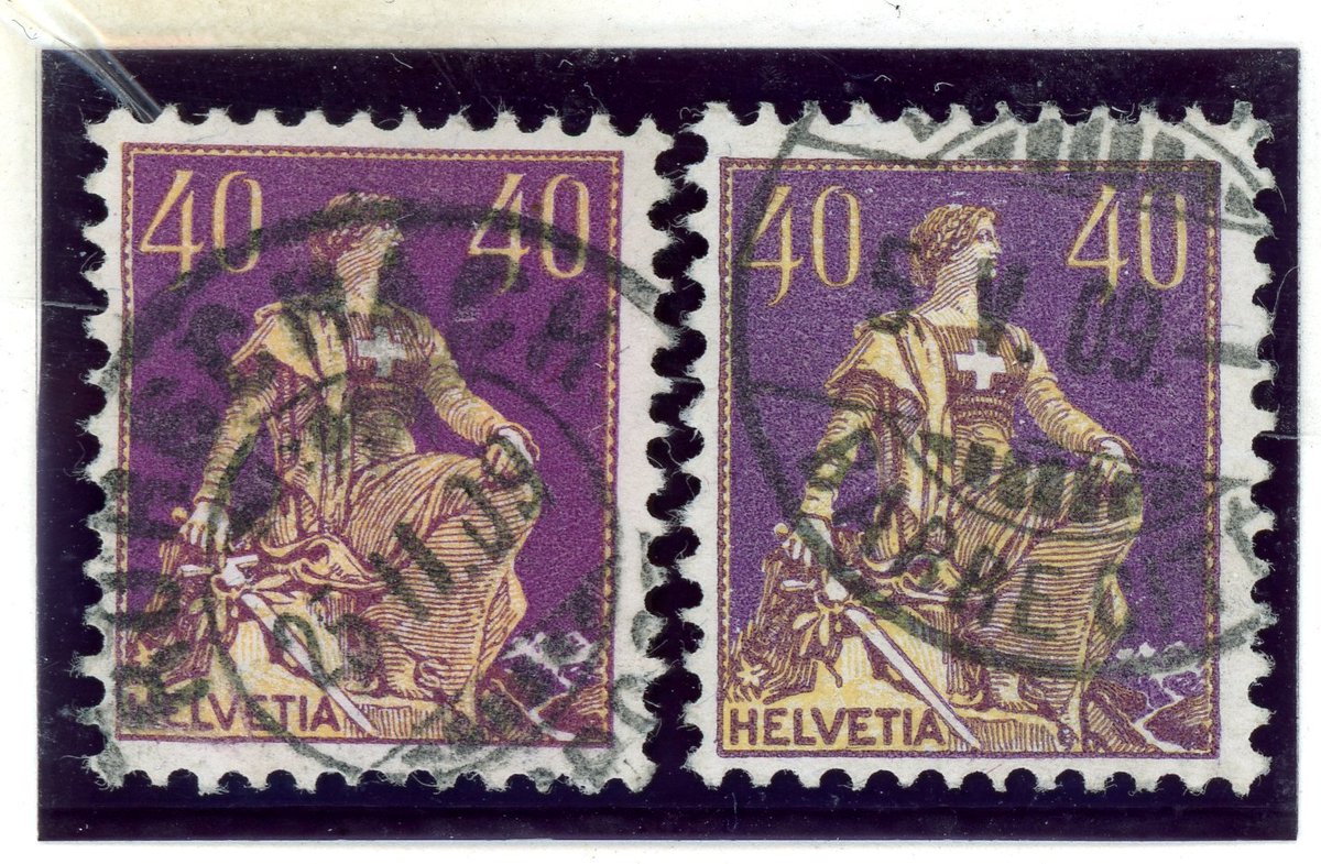 Farbnuancen der Sitzenden Helvetia mit Schwert, 1. Ausgabe mit drei Kleeblätter am Schwertgriff.
            links rötlichlila,              |         rechts stumpflila.