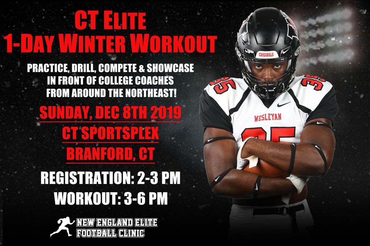 We are hosting a <a href="/EliteFBClinics/">Elite Football Clinics</a> 1 Day Winter Workout on SUNDAY, DEC 8 at the CT Sportsplex in Branford, CT. Registration is open to come compete in front of Colleges &amp; Universities from the Northeast. 

Register here:
form.jotform.com/93115358313150