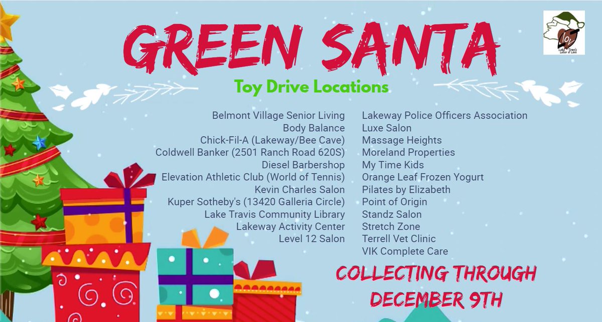 GREEN SANTA locations are ready!  Thanks to all the local businesses!

@belmontvillageLW @bodybalancephysicaltherapyLakeway <a href="/CFA/">CFAmedia</a>.LakeTravis @leveltwelvesalon @stretchzonelakeway @terrellvet  @mytimekidsacademy @luxeboutiquesalon @massageheightsoaksatlakeway @orangeleaflakeway