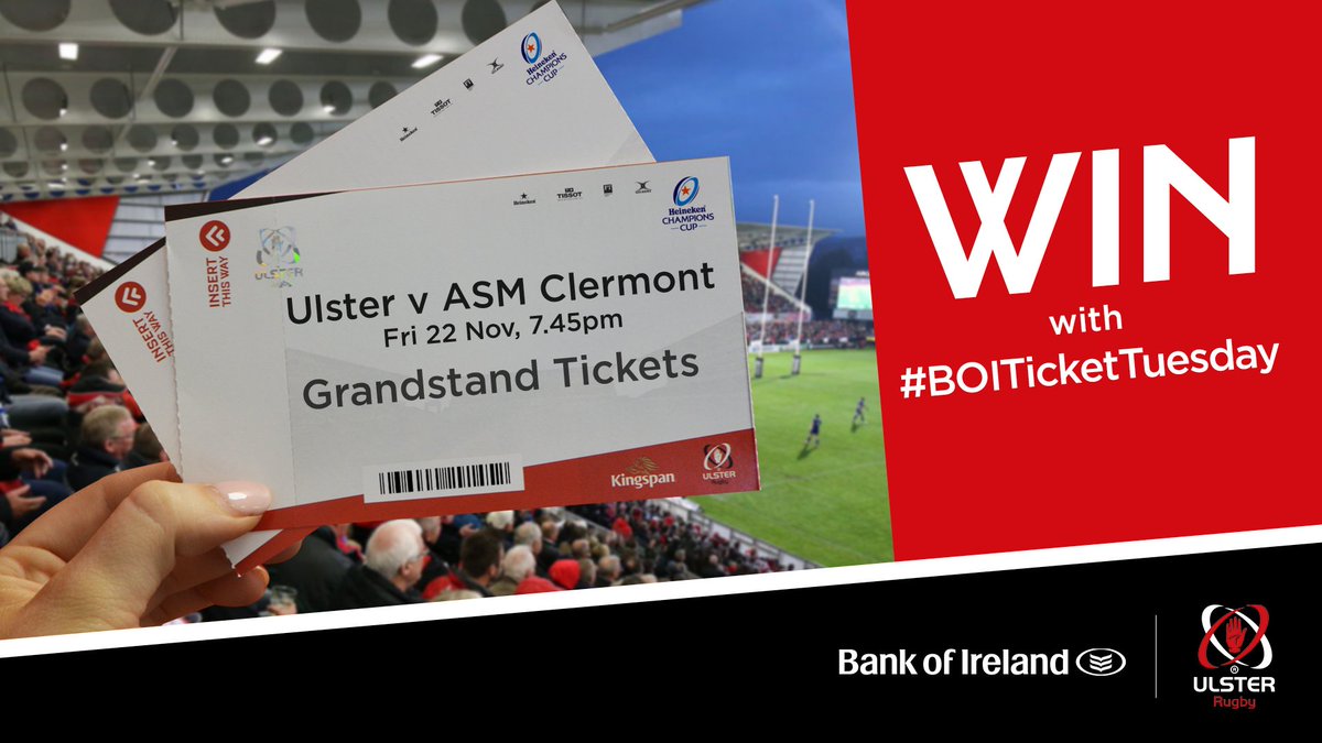 UlsterRugby's tweet image. 💥Fancy winning two Grandstand tickets to watch Ulster v ASM Clermont at Kingspan Stadium💥, courtesy of @bankofireland? 🏈🏟️
To be in with a chance, simply: 
☑️Retweet 
☑️Follow @UlsterRugby 

Winner will be announced here at 10am on Wednesday 
#SUFTUM #BOITicketTuesday